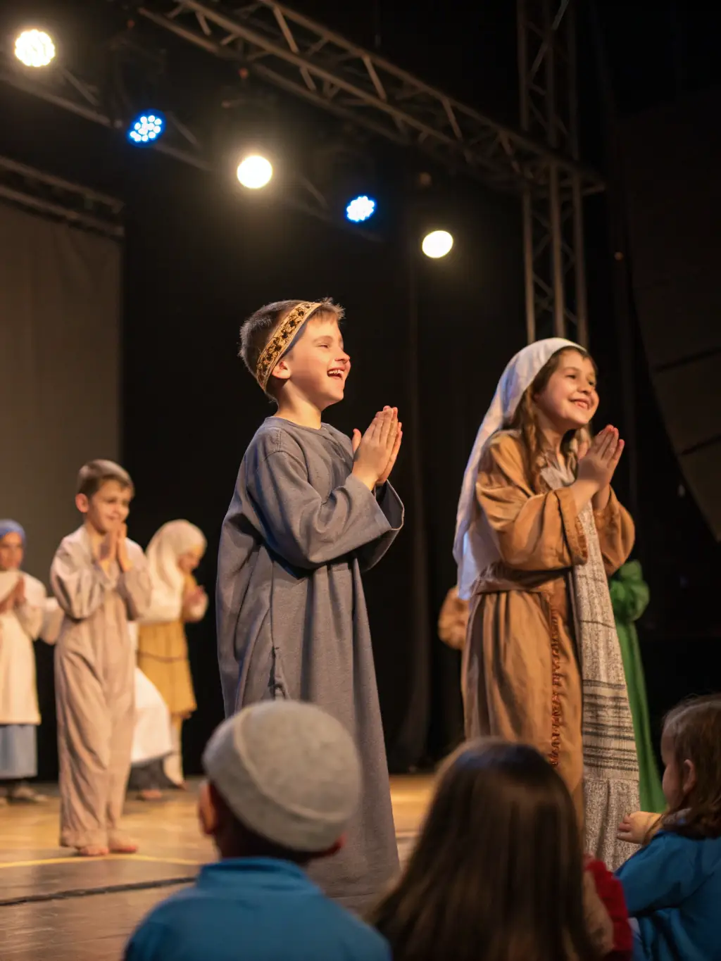 A young student with a bright smile, dressed in a colorful costume, is confidently delivering a line during a class performance at Hartfelt Academy.