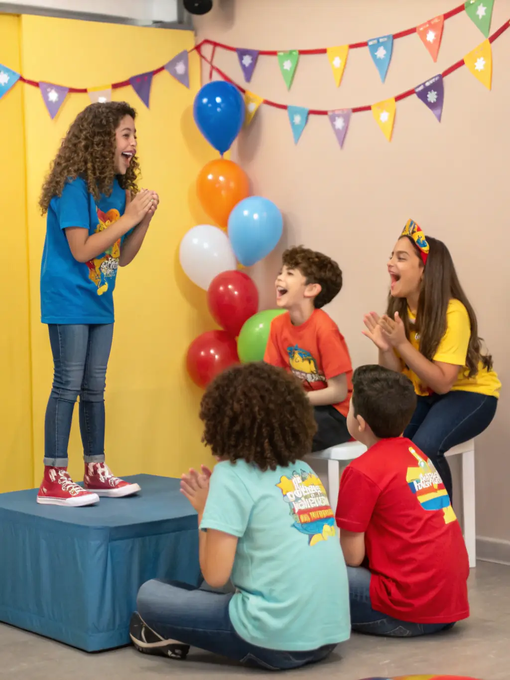 A diverse group of students are collaborating on a scene, sharing ideas and supporting each other, showcasing the teamwork fostered at Hartfelt Academy.