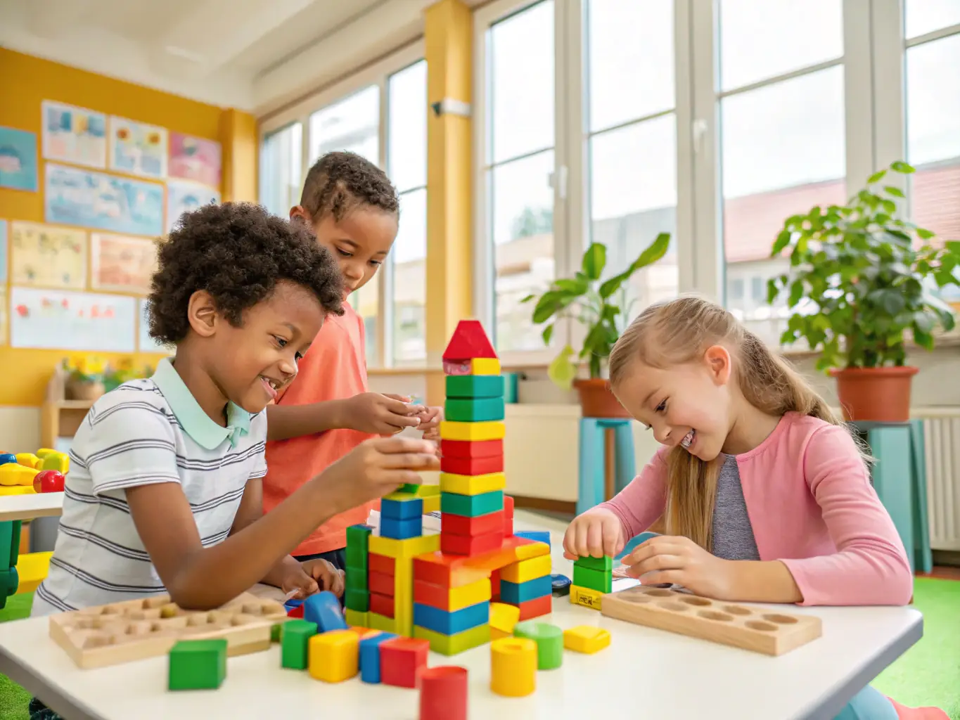 An image of children collaboratively building a stage set, demonstrating teamwork and problem-solving skills in a hands-on project at Hartfelt Academy.