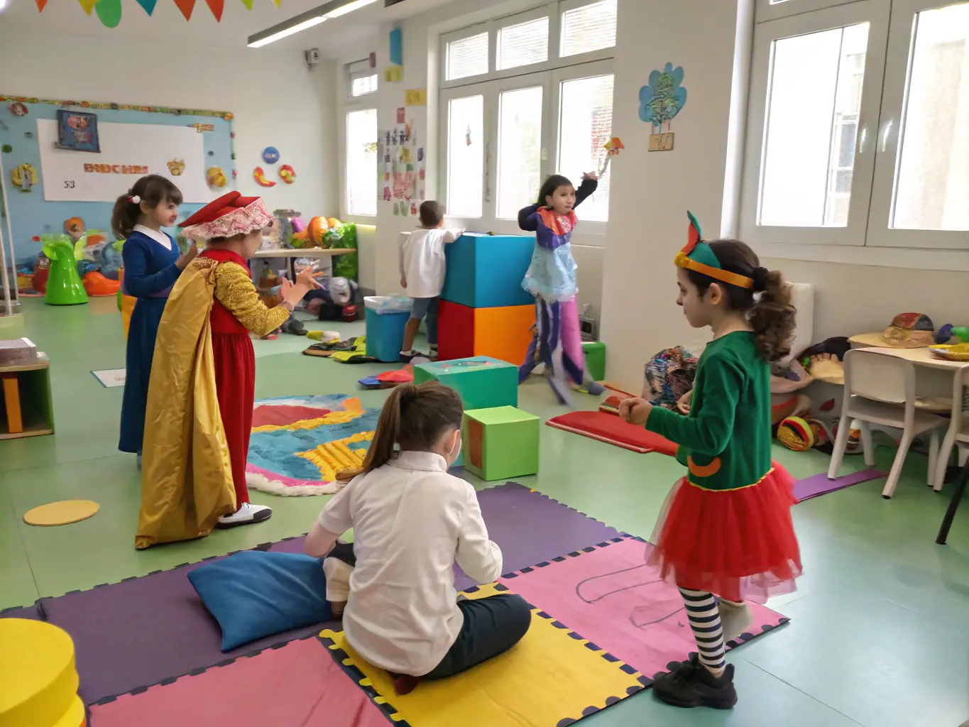 A vibrant and joyful image of children participating in a drama exercise, showcasing their laughter and engagement, set in a colorful classroom at Hartfelt Academy.