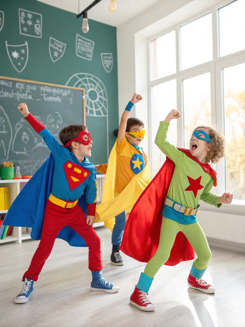 A group of elementary school students enthusiastically participating in an improvisation exercise during an after-school acting class at Hartfelt Academy, showcasing teamwork and creative expression.