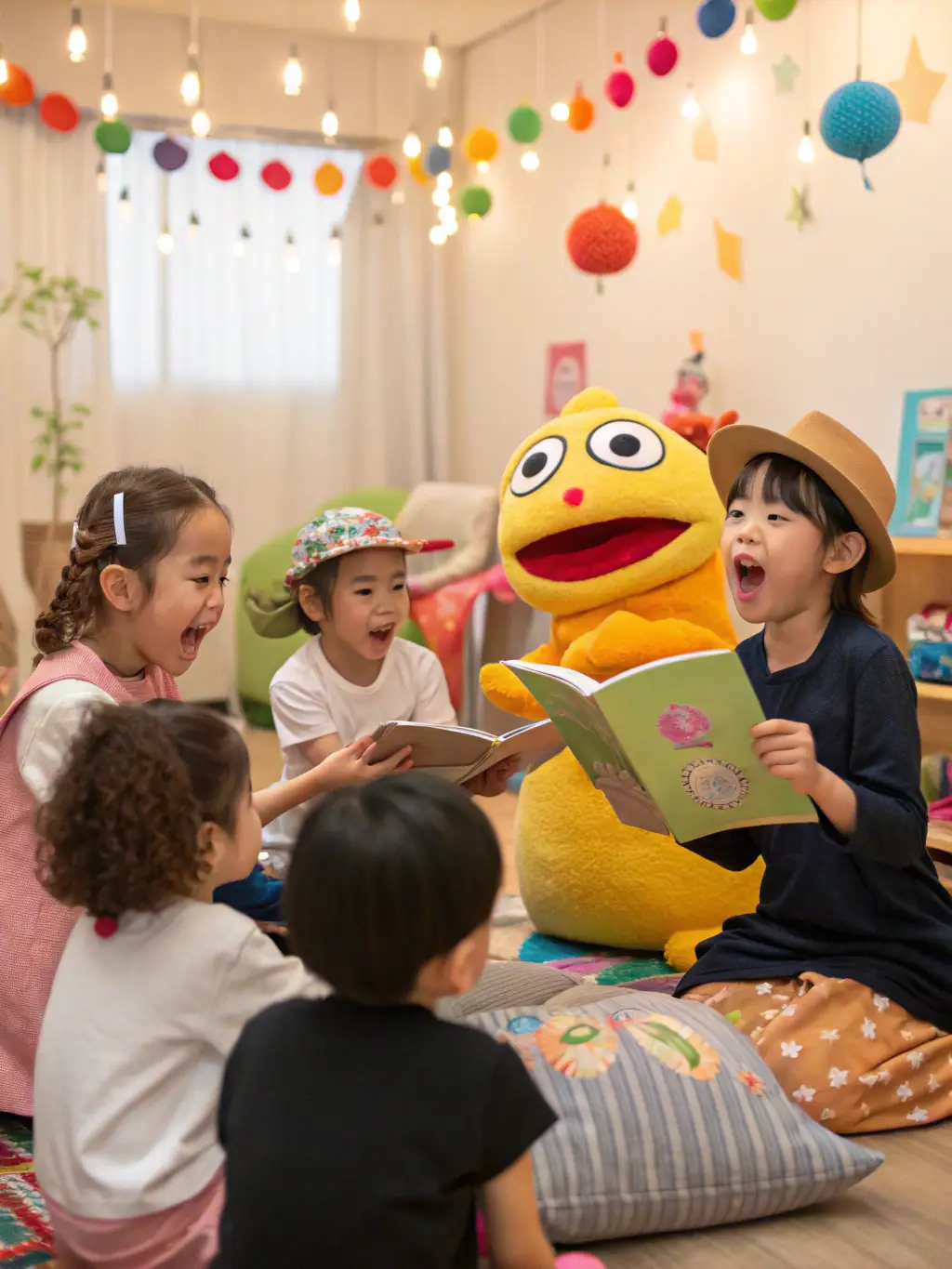 A vibrant image of kindergarteners engaged in a storytelling exercise, using puppets and props, showcasing their imagination and creativity in the Hartfelt Academy classroom.